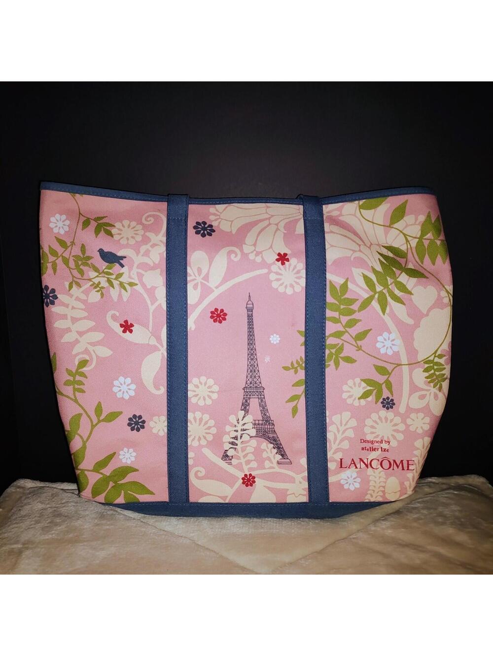 Lancome Tote Bag Medium Pink Blue Floral Paris Eiffel Tower by atelier lze